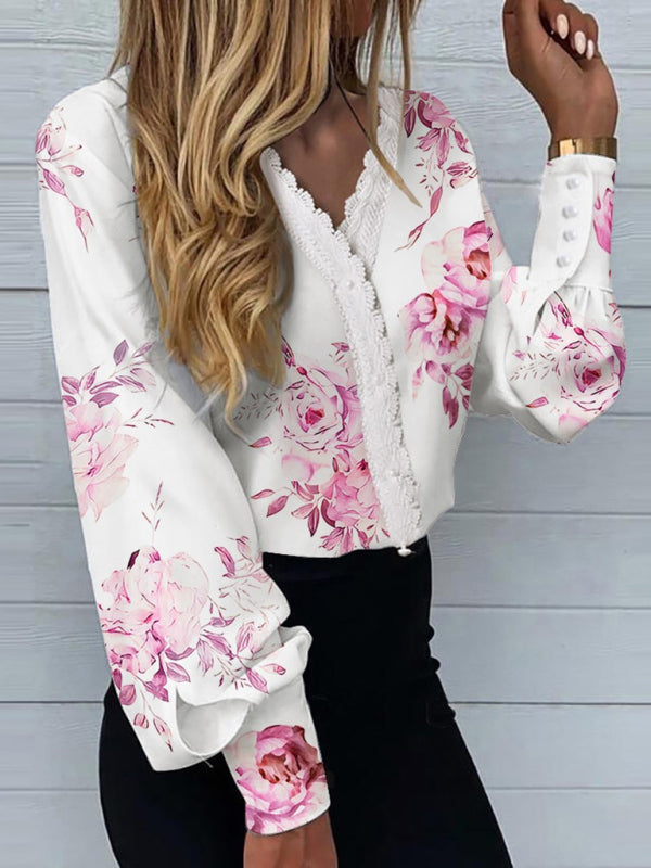 Blouses- V-Neck Blouse with Lace and Pearls - Lantern Sleeve Top for Spring- Pink- IndioGear Fashion and Gear