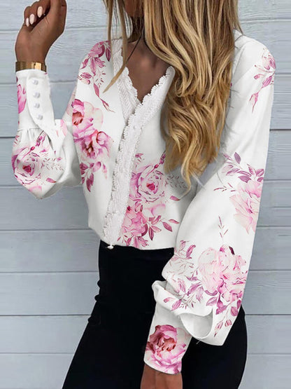 Blouses- V-Neck Blouse with Lace and Pearls - Lantern Sleeve Top for Spring- - IndioGear Fashion and Gear