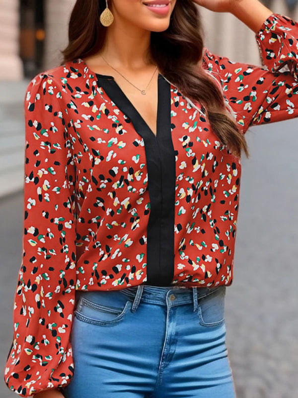 Blouses- V-Neck Blouse with Long Sleeves in Floral Print- - IndioGear Fashion and Gear