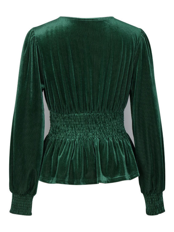 Blouses-V-Neck Couture Velour Blouse | Velvet Long Sleeve Peplum Top-Pekosa Women Clothing