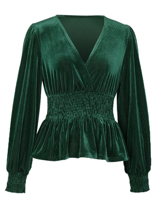 Blouses-V-Neck Couture Velour Blouse | Velvet Long Sleeve Peplum Top-Pekosa Women Clothing