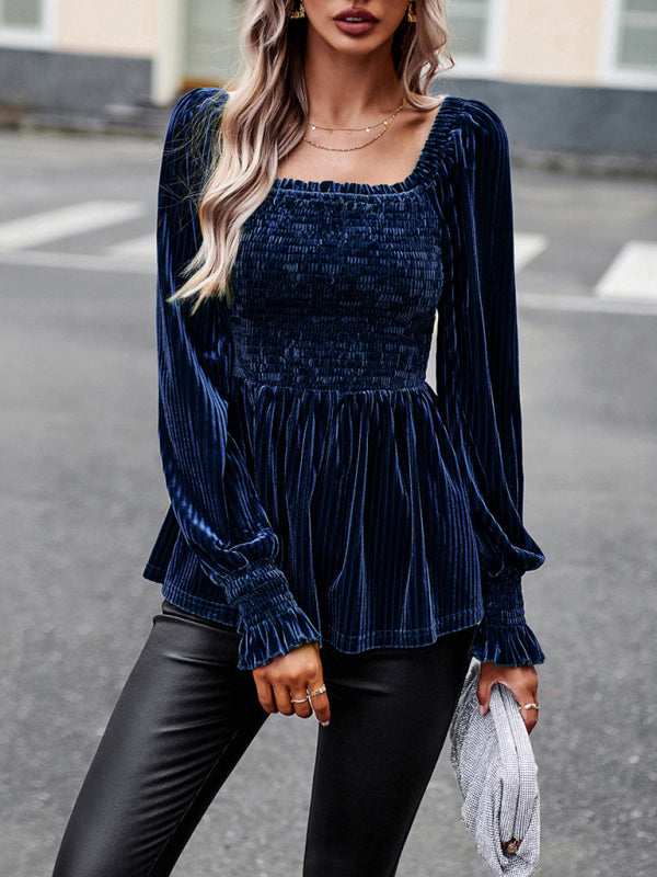 Blouses- Velvet Blouse with Dramatic Lantern Sleeves, Smocked & Ruffle Cuffs- - Pekosa Women Clothing