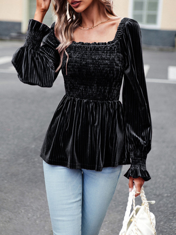 Blouses- Velvet Blouse with Dramatic Lantern Sleeves, Smocked & Ruffle Cuffs- - Pekosa Women Clothing