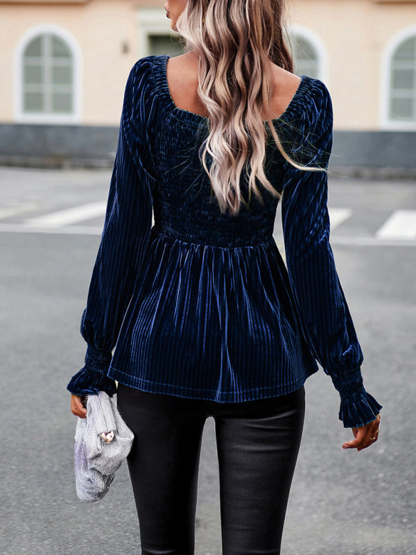 Blouses- Velvet Blouse with Dramatic Lantern Sleeves, Smocked & Ruffle Cuffs- - Pekosa Women Clothing