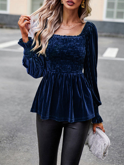 Blouses- Velvet Blouse with Dramatic Lantern Sleeves, Smocked & Ruffle Cuffs- - Pekosa Women Clothing