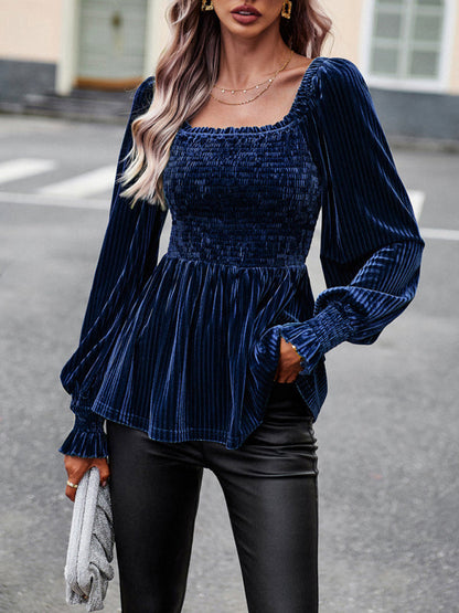 Blouses- Velvet Blouse with Dramatic Lantern Sleeves, Smocked & Ruffle Cuffs- - Pekosa Women Clothing