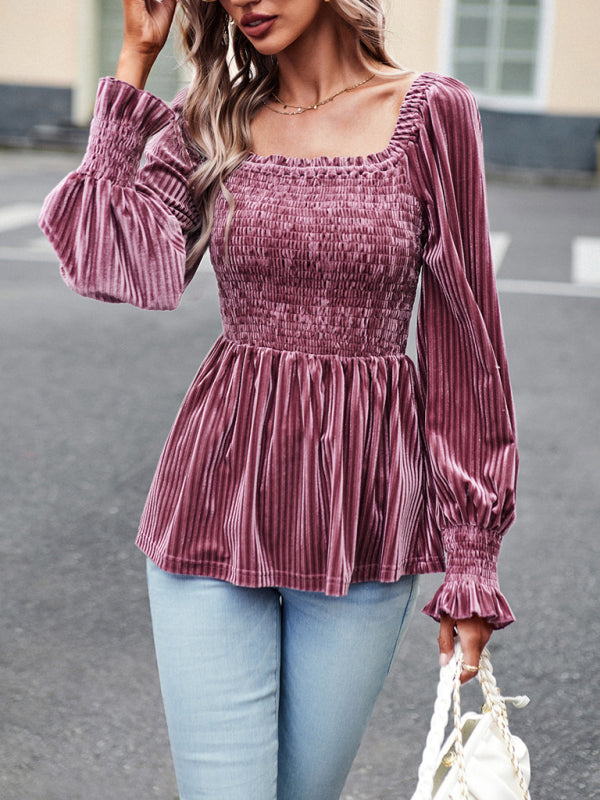 Blouses- Velvet Blouse with Dramatic Lantern Sleeves, Smocked & Ruffle Cuffs- - Pekosa Women Clothing