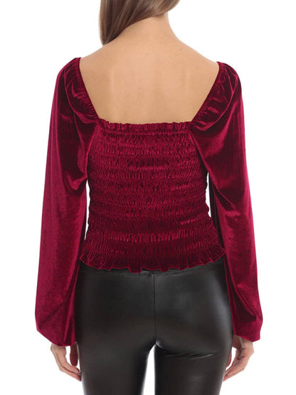 Blouses- Velvet Glam Smocked Blouse- - IndioGear Fashion and Gear