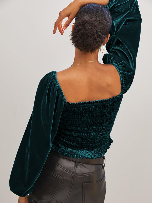 Blouses- Velvet Glam Smocked Blouse- - IndioGear Fashion and Gear