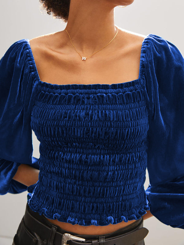 Blouses- Velvet Glam Smocked Blouse- Blue- IndioGear Fashion and Gear