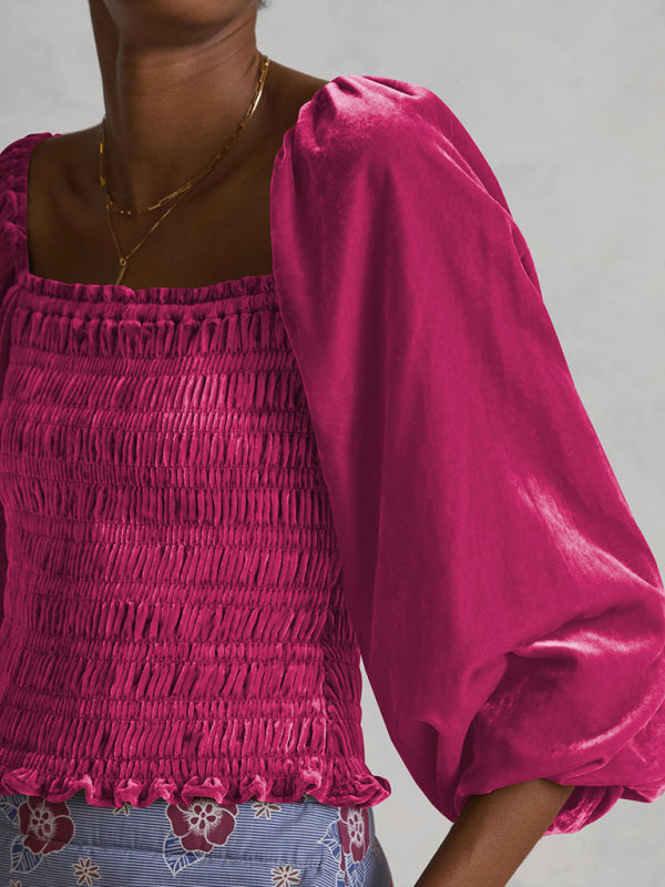 Blouses- Velvet Glam Smocked Blouse- - IndioGear Fashion and Gear