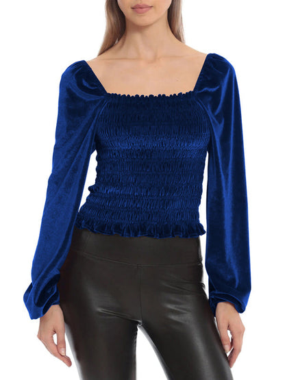 Blouses- Velvet Glam Smocked Blouse- - IndioGear Fashion and Gear