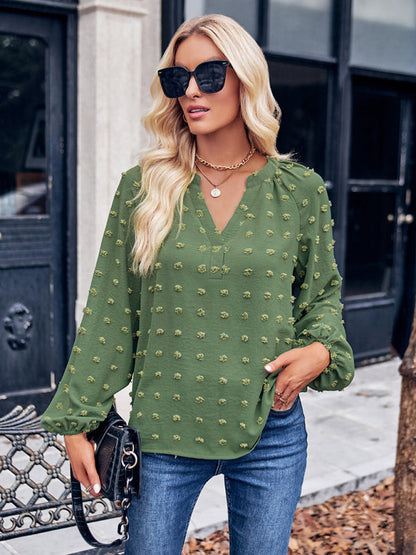 Blouses- Versatile Elegance: Women's Swiss Dot Blouse - Bishop Long Sleeve Top- Green- IndioGear Fashion and Gear