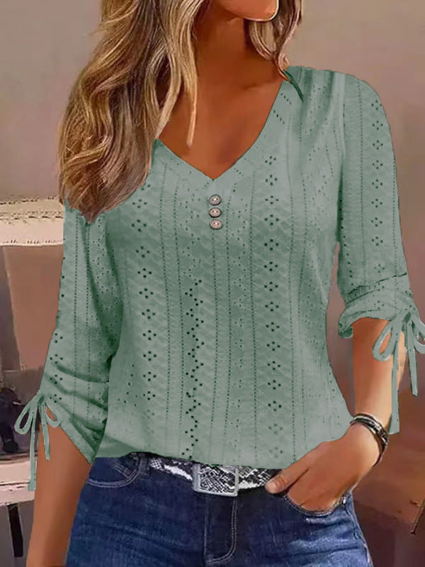 Blouses- Versatile Eyelet Blouse - T-shirt with Adjustable Sleeve- Green- Pekosa Women Clothing