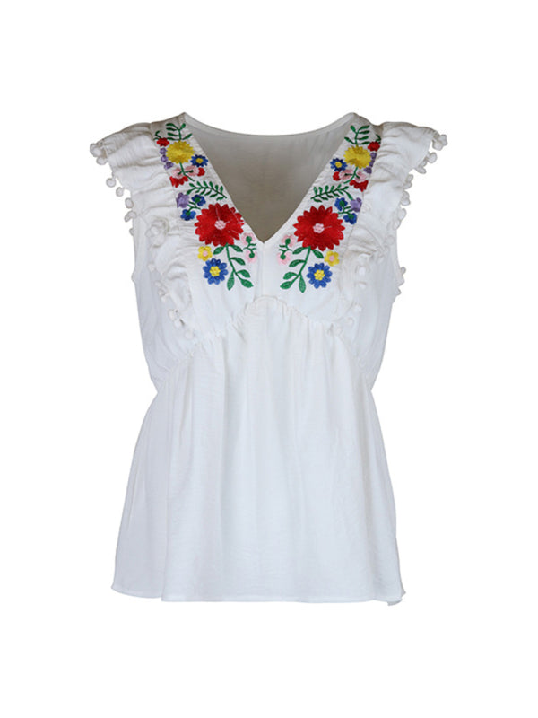 Blouses- Versatile Women's Peplum Blouse: Embroidered Panel & Ruffle Pompom Hem- - IndioGear Fashion and Gear