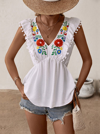 Blouses- Versatile Women's Peplum Blouse: Embroidered Panel & Ruffle Pompom Hem- White- IndioGear Fashion and Gear