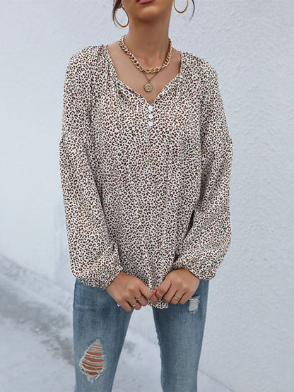 Blouses- Wild Style Alert: Animal Print Lantern Sleeves Blouse - V Neck Top- - IndioGear Fashion and Gear