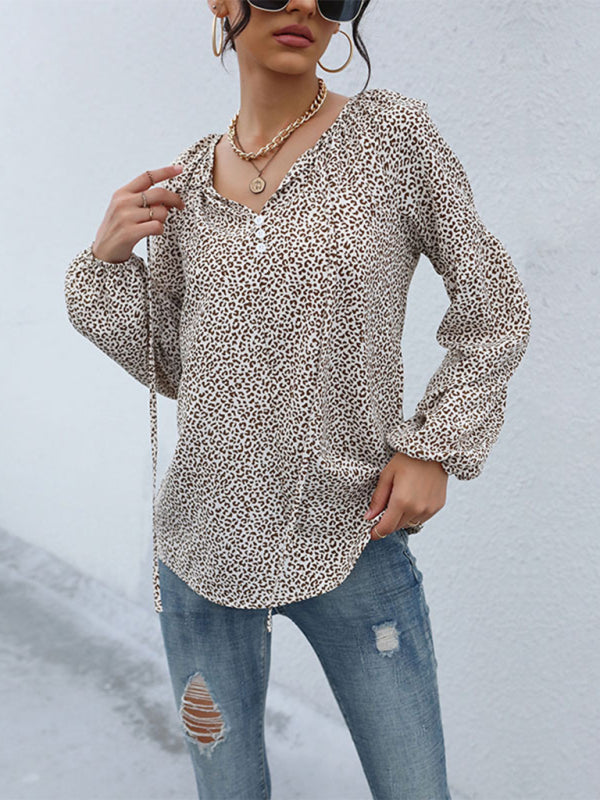 Blouses- Wild Style Alert: Animal Print Lantern Sleeves Blouse - V Neck Top- - IndioGear Fashion and Gear