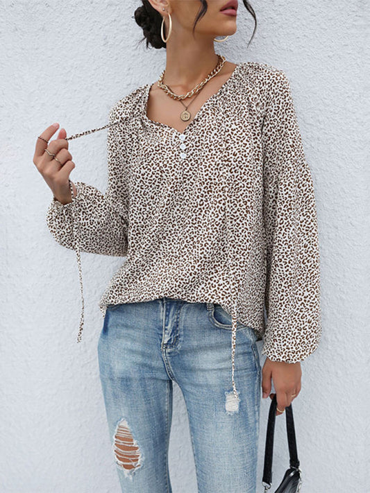 Blouses- Wild Style Alert: Animal Print Lantern Sleeves Blouse - V Neck Top- Khaki- IndioGear Fashion and Gear