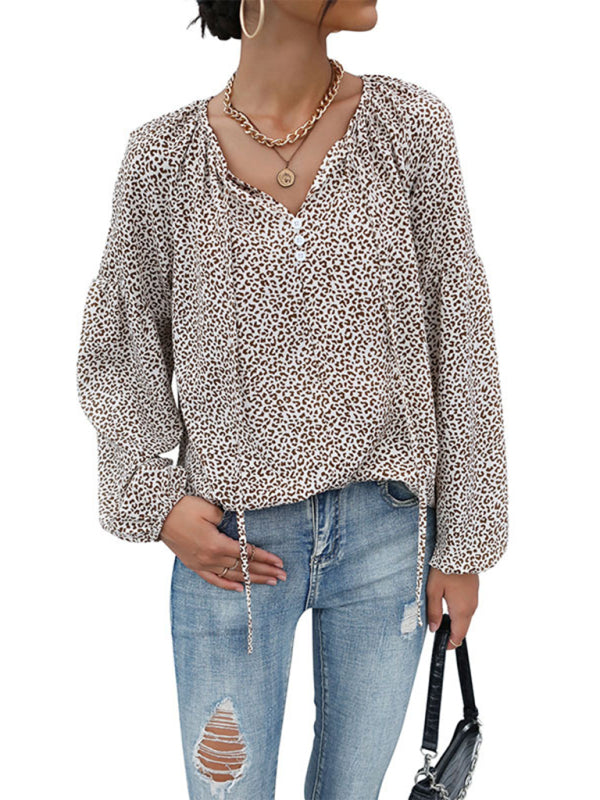 Blouses- Wild Style Alert: Animal Print Lantern Sleeves Blouse - V Neck Top- - IndioGear Fashion and Gear