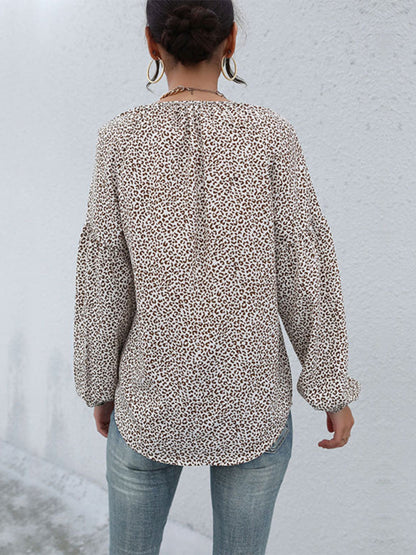 Blouses- Wild Style Alert: Animal Print Lantern Sleeves Blouse - V Neck Top- - IndioGear Fashion and Gear