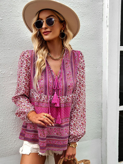 Blouses- Women's Boho Floral Paisley V Neck Blouse: Lantern Sleeves, Tassel Tie- - IndioGear Fashion and Gear