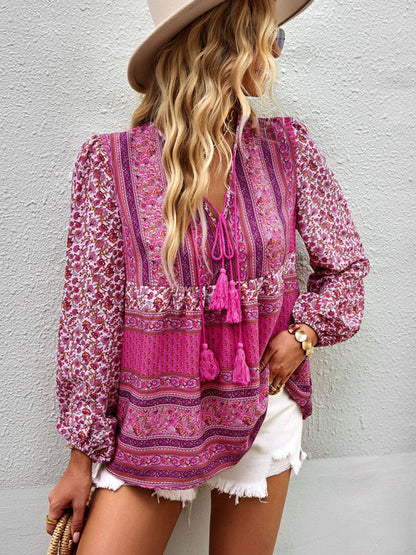 Blouses- Women's Boho Floral Paisley V Neck Blouse: Lantern Sleeves, Tassel Tie- - IndioGear Fashion and Gear