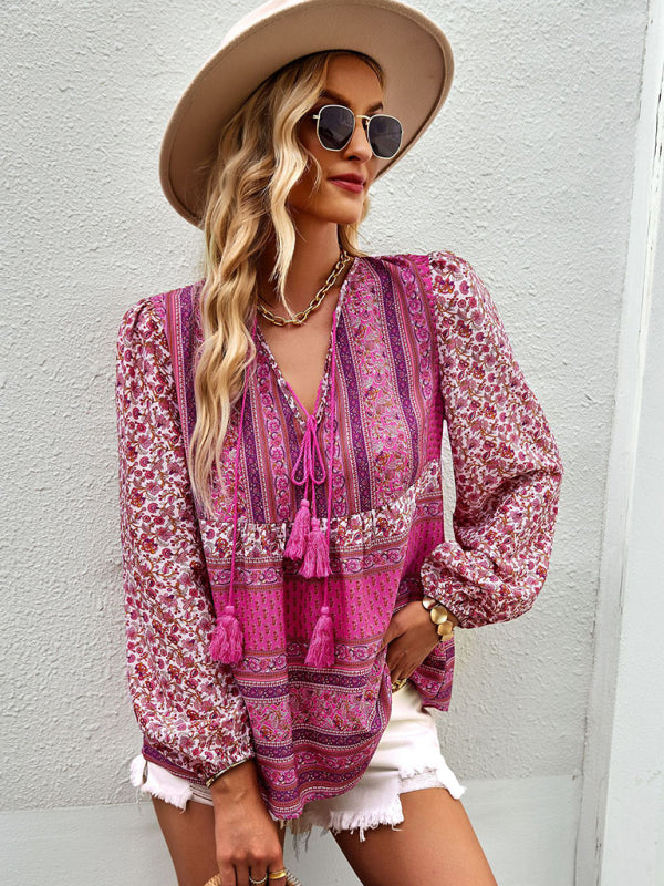 Blouses- Women's Boho Floral Paisley V Neck Blouse: Lantern Sleeves, Tassel Tie- - IndioGear Fashion and Gear