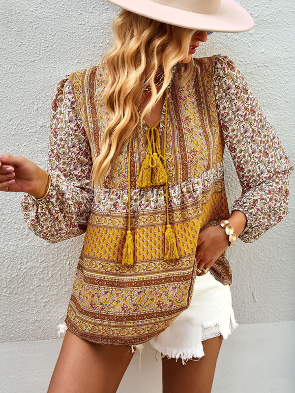 Blouses- Women's Boho Floral Paisley V Neck Blouse: Lantern Sleeves, Tassel Tie- Yellow- IndioGear Fashion and Gear