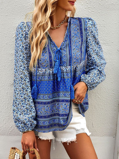 Blouses- Women's Boho Floral Paisley V Neck Blouse: Lantern Sleeves, Tassel Tie- - IndioGear Fashion and Gear