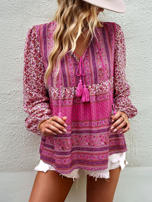 Blouses- Women's Boho Floral Paisley V Neck Blouse: Lantern Sleeves, Tassel Tie- Pink- IndioGear Fashion and Gear