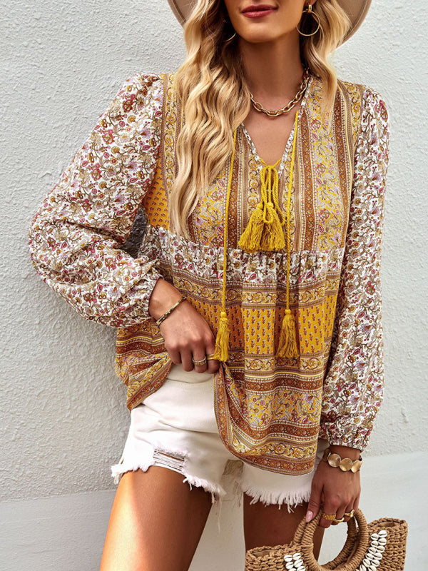 Blouses- Women's Boho Floral Paisley V Neck Blouse: Lantern Sleeves, Tassel Tie- - IndioGear Fashion and Gear