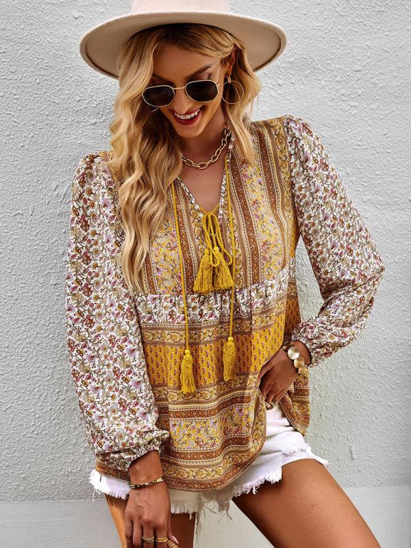 Blouses- Women's Boho Floral Paisley V Neck Blouse: Lantern Sleeves, Tassel Tie- - IndioGear Fashion and Gear