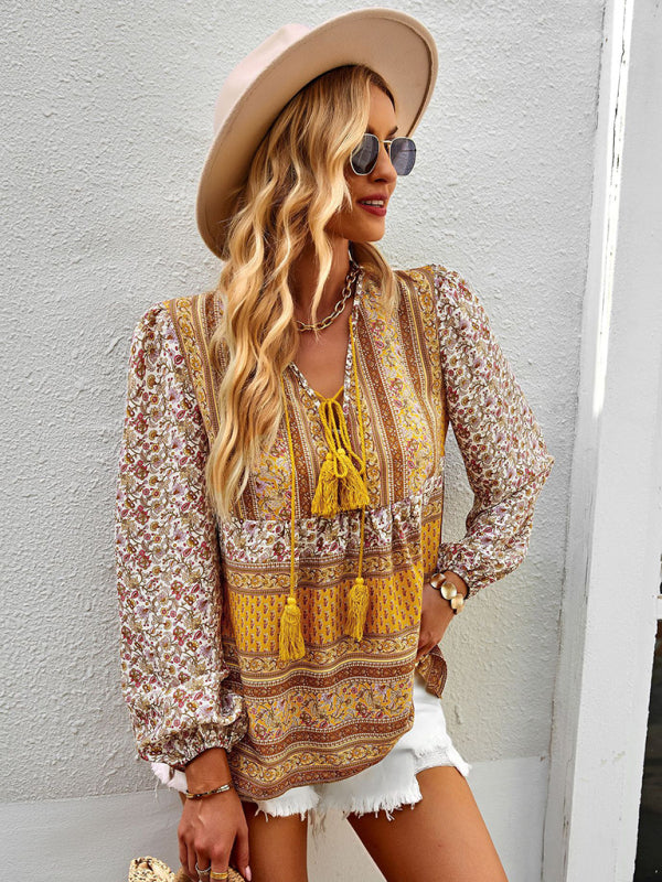 Blouses- Women's Boho Floral Paisley V Neck Blouse: Lantern Sleeves, Tassel Tie- - IndioGear Fashion and Gear