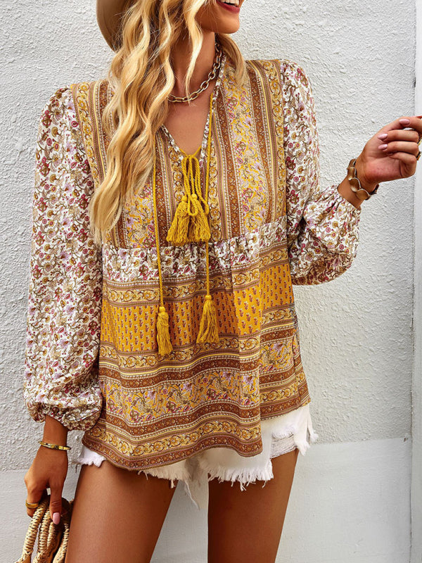 Blouses- Women's Boho Floral Paisley V Neck Blouse: Lantern Sleeves, Tassel Tie- - IndioGear Fashion and Gear