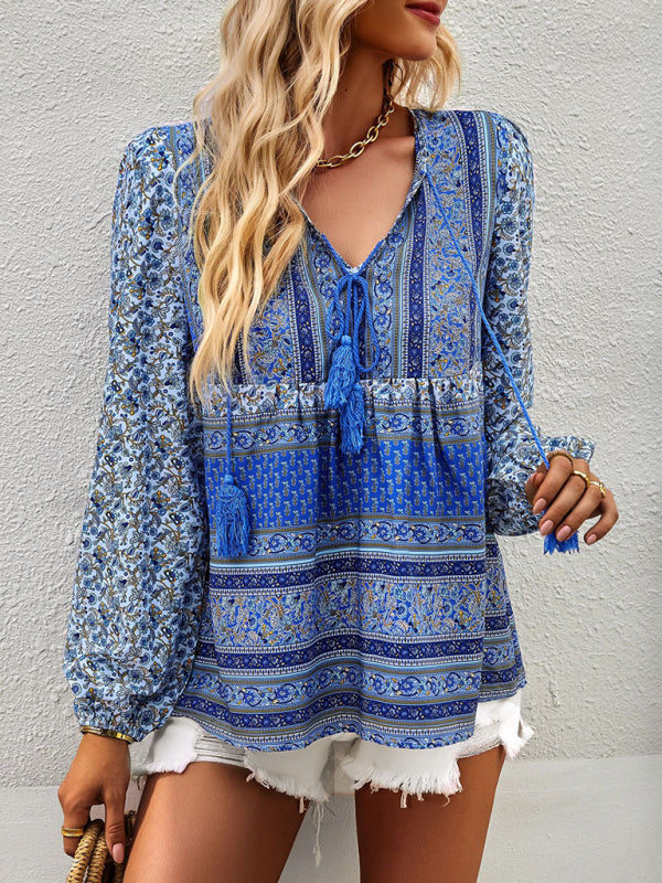 Blouses- Women's Boho Floral Paisley V Neck Blouse: Lantern Sleeves, Tassel Tie- Blue- IndioGear Fashion and Gear