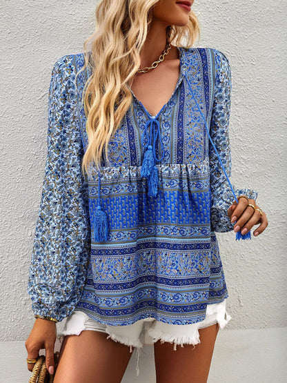 Blouses- Women's Boho Floral Paisley V Neck Blouse: Lantern Sleeves, Tassel Tie- Blue- IndioGear Fashion and Gear