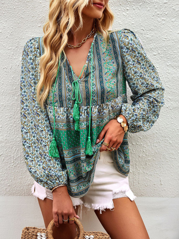 Blouses- Women's Boho Floral Paisley V Neck Blouse: Lantern Sleeves, Tassel Tie- - IndioGear Fashion and Gear