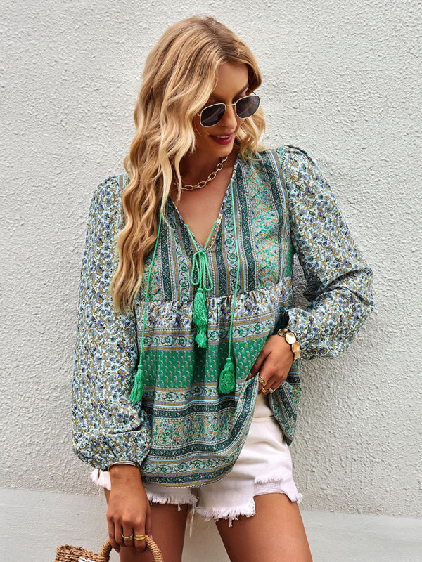 Blouses- Women's Boho Floral Paisley V Neck Blouse: Lantern Sleeves, Tassel Tie- - IndioGear Fashion and Gear