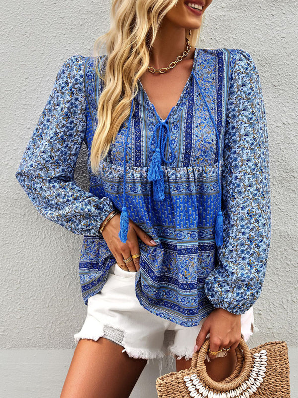 Blouses- Women's Boho Floral Paisley V Neck Blouse: Lantern Sleeves, Tassel Tie- - IndioGear Fashion and Gear