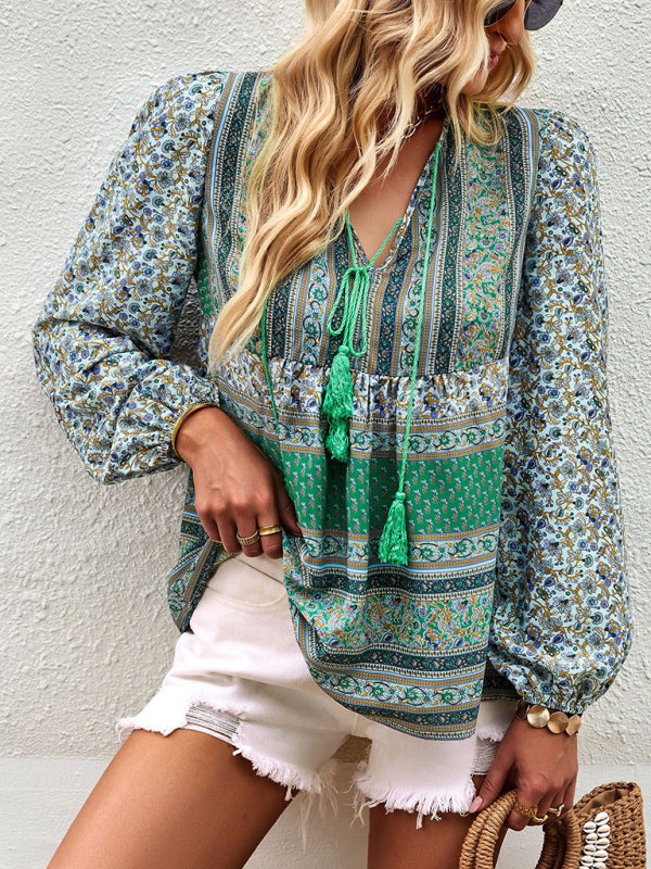 Blouses- Women's Boho Floral Paisley V Neck Blouse: Lantern Sleeves, Tassel Tie- Green- IndioGear Fashion and Gear