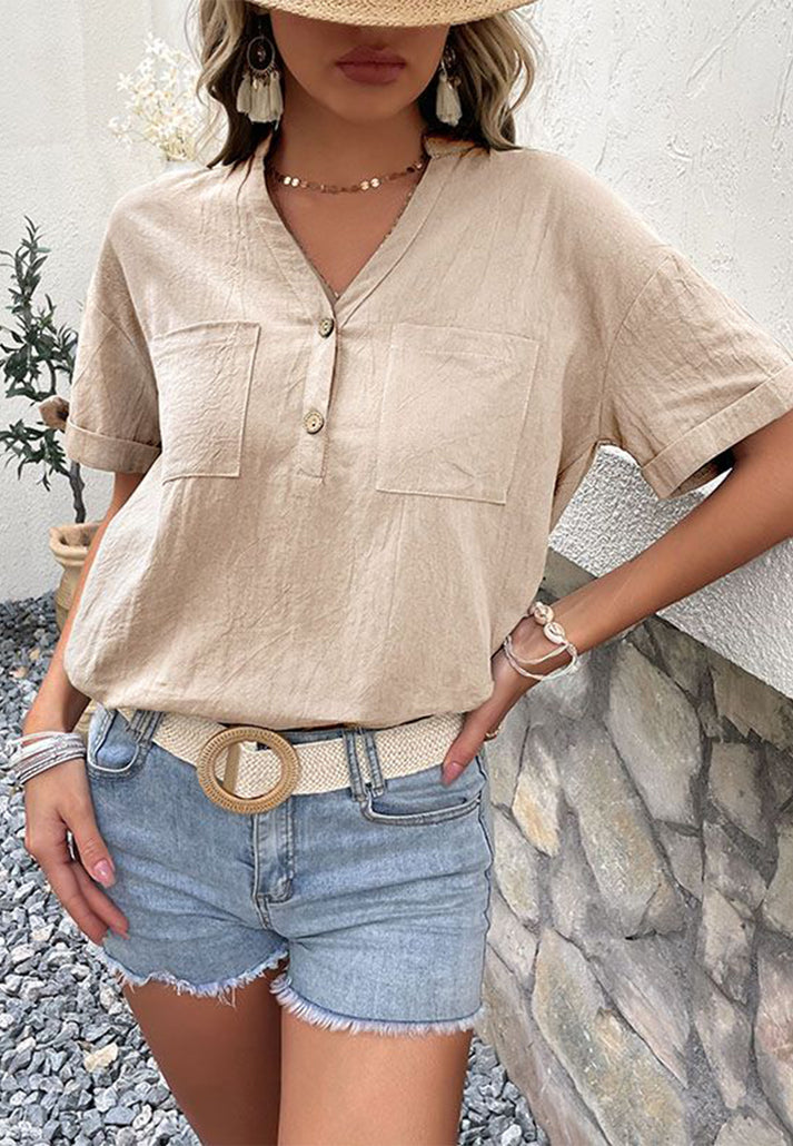 Blouses- Women's Button Down Notch Neck Blouse - Pocketed, Bow Knot Sleeves Top- - IndioGear Fashion and Gear