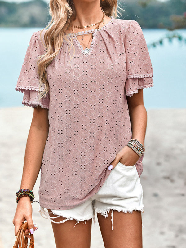 Blouses- Women's Eyelet Lace Top with Double Flared Sleeves - Keyhole Front Top- Pink- IndioGear Fashion and Gear