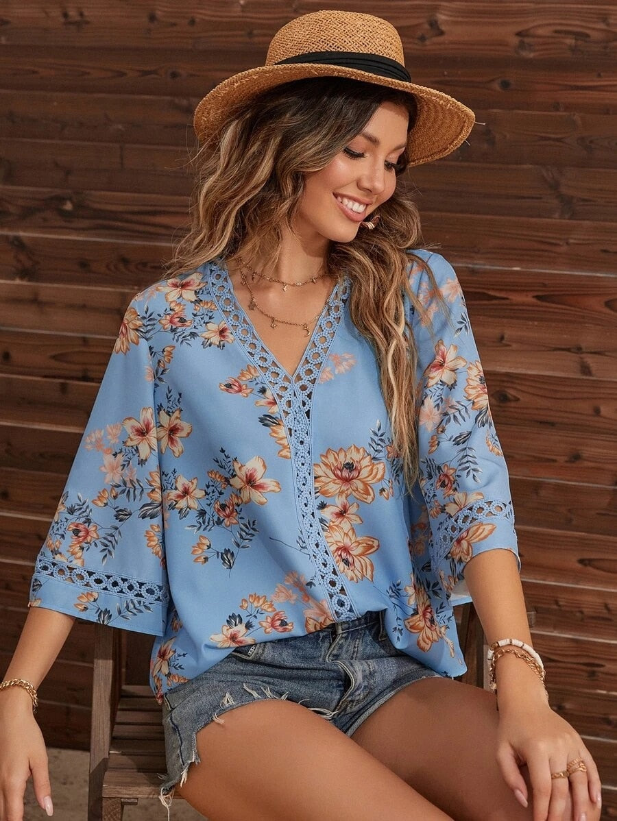 Blouses- Women's Floral Bell Sleeve Lace V-Neck Blouse Top- - IndioGear Fashion and Gear