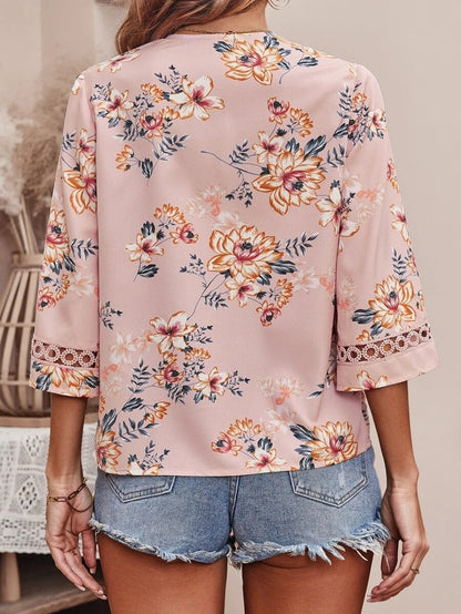 Blouses- Women's Floral Bell Sleeve Lace V-Neck Blouse Top- - IndioGear Fashion and Gear