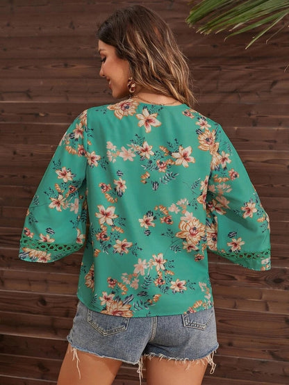 Blouses- Women's Floral Bell Sleeve Lace V-Neck Blouse Top- - IndioGear Fashion and Gear