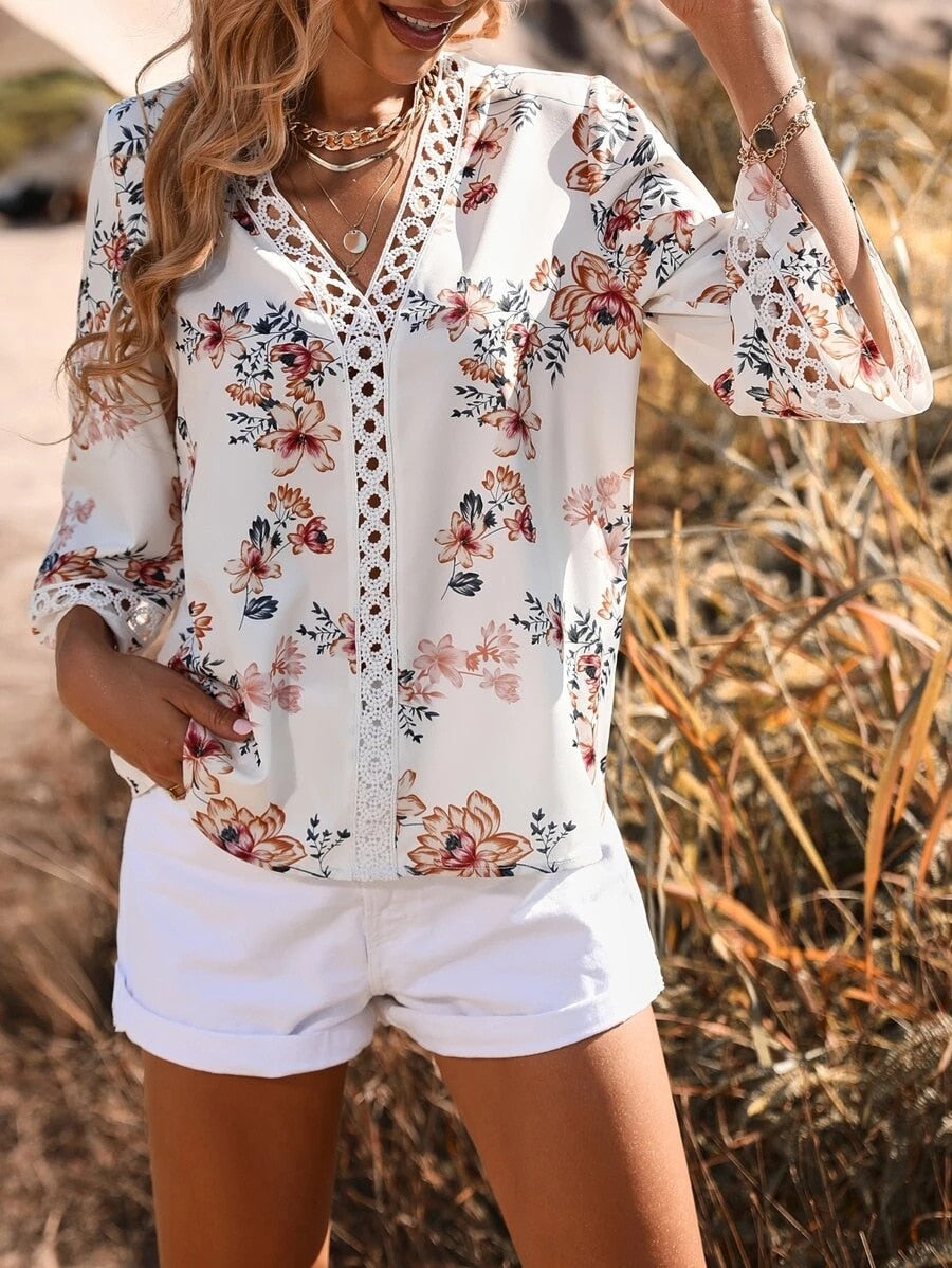 Blouses- Women's Floral Bell Sleeve Lace V-Neck Blouse Top- - IndioGear Fashion and Gear