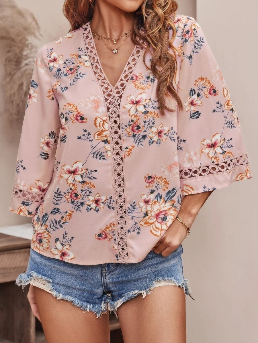 Blouses- Women's Floral Bell Sleeve Lace V-Neck Blouse Top- - IndioGear Fashion and Gear