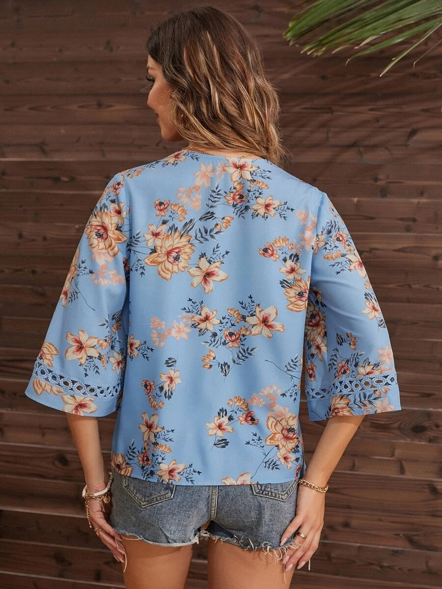 Blouses- Women's Floral Bell Sleeve Lace V-Neck Blouse Top- - IndioGear Fashion and Gear