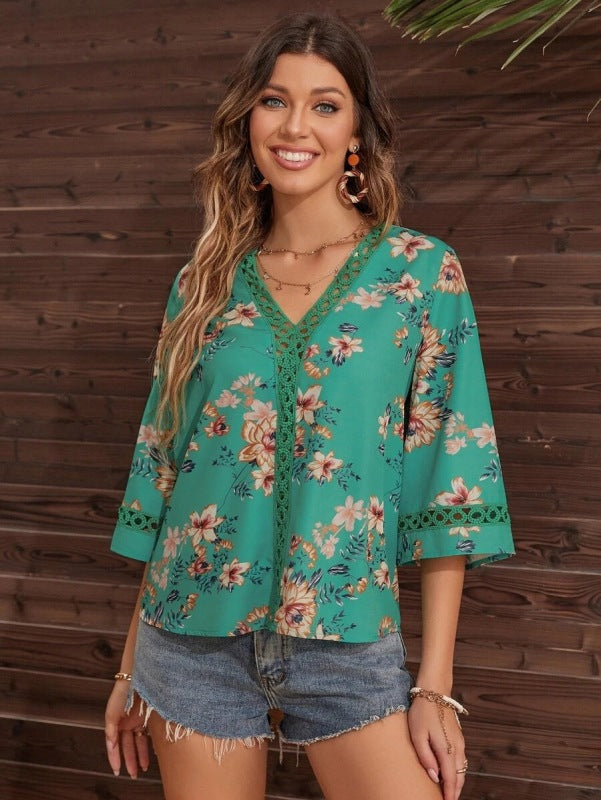 Blouses- Women's Floral Bell Sleeve Lace V-Neck Blouse Top- Green- IndioGear Fashion and Gear